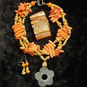 Handcrafted Salmon Bead 15" Necklace Set with Earrings Flower Pendant